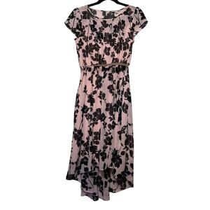 Pink Floral Dress Womens Size 4 Short Sleeve Black Crew Neck High Low Hem